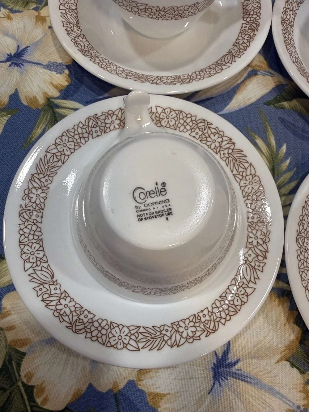 Corelle set of four cups and saucers Woodland design.